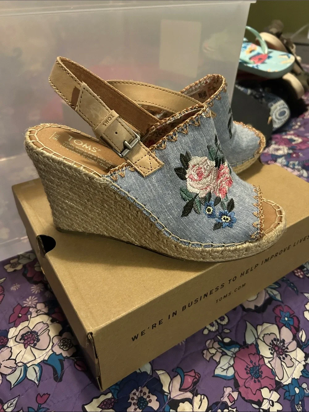 TOMS Denim Embroidered Espadrille Wedges in Blue and Pink - Picture 2 of 3